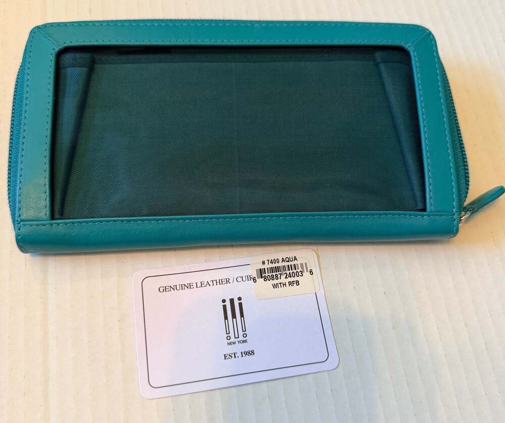 ili New York Aqua Leather RFID Blocking Zip Around Continental Wallet